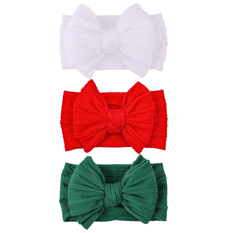 LemonSpace Store Handmade Baby Girls Headbands Soft Stretchy Nylon Hair Bands Hair Accessories with Bows for Newborn Baby Girls Infant Toddlers Kids (Red Green White-Merry Christmas) - Image 1